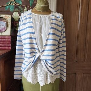 Anthropologie Blue & White Textured Stripe Lace Top Boho Layered Blouse Size Med